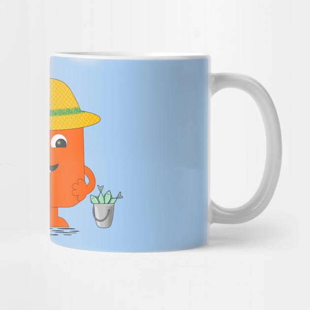 Cute fisherman with a fishing rod and a bucket of fish by Vector Universe